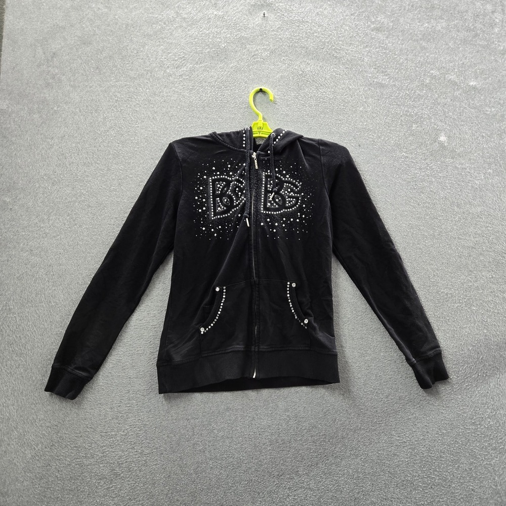 BCBGMAXAZRIA Women Hoodie S Black Studded Crown Embellished Hoodie Button